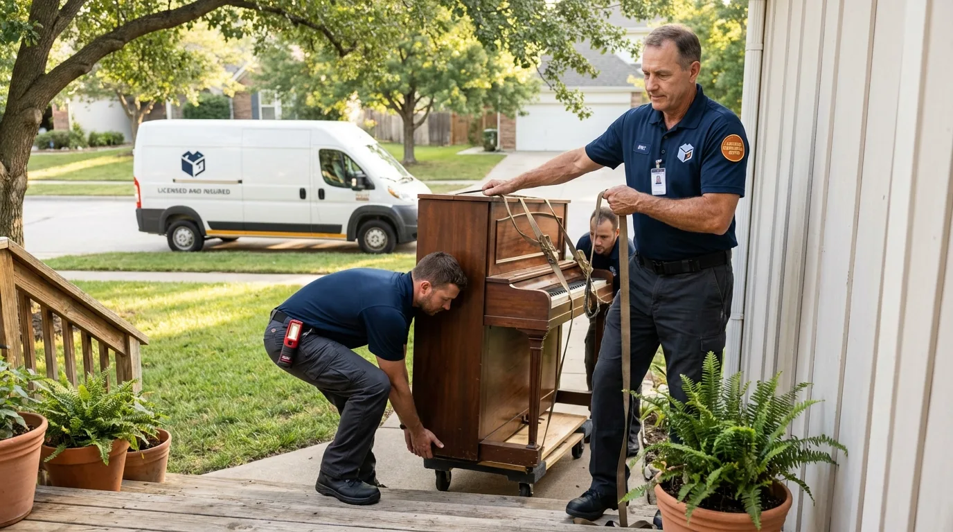 Licensed piano movers securing grand piano in New Richmond, OH