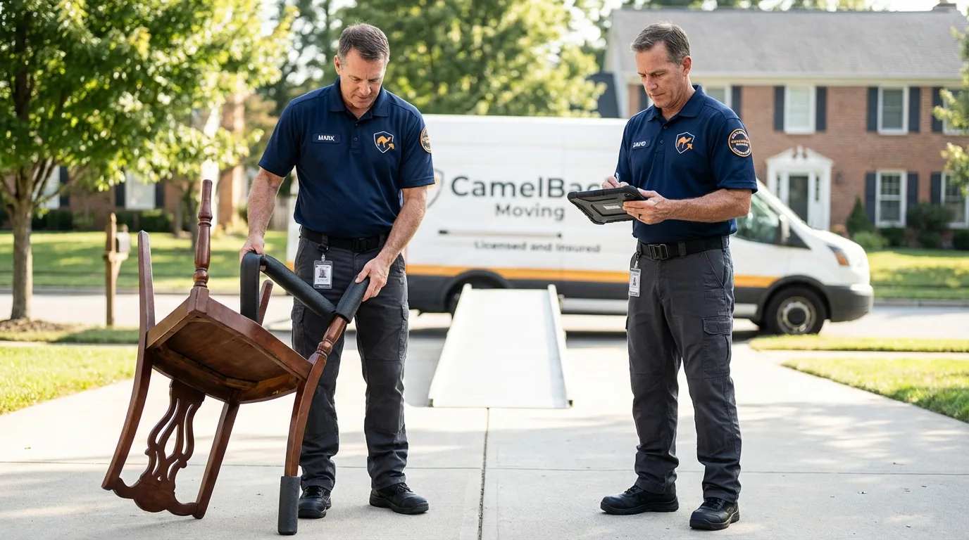 Movers inspecting furniture for damage prevention before loading in New Richmond, OH