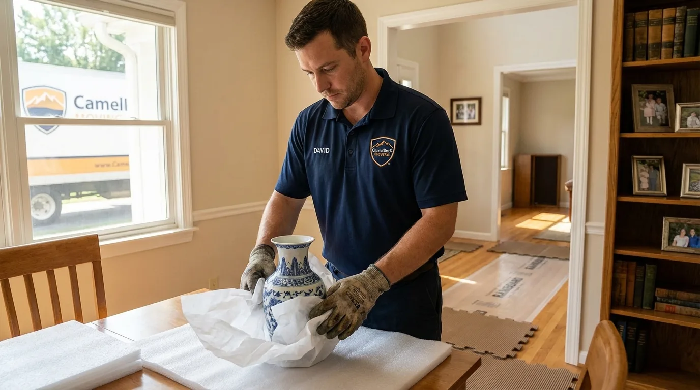 Professional crew carefully wrapping antique vase for senior downsizing move in New Richmond, OH